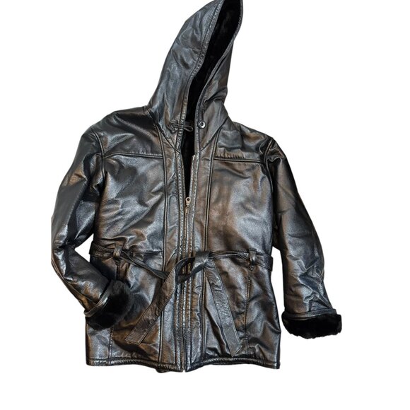 Wilsons Leather Black Leather Hooded Jacket With Faux Fur Lining & Belte… - Picture 1 of 7